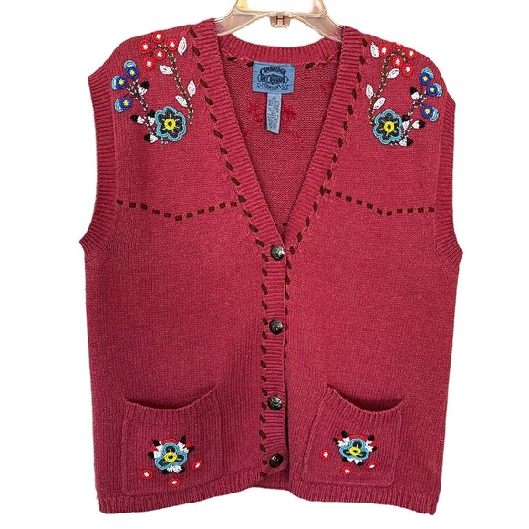 Cambridge Dry Goods Sweaters - Vintage 90s Cambridge Dry Goods Linen Blend Floral Beaded Western Sweater Vest M